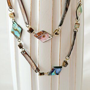 Vintage Abalone & Mother of Pearl Iridescent Shell Station Necklace - 50"